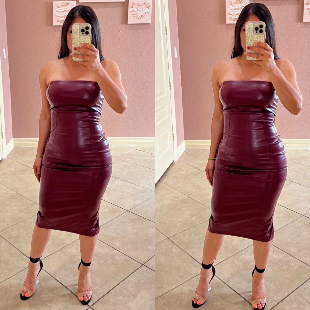BETSY Strapless Leather Midi Dress- burgundy